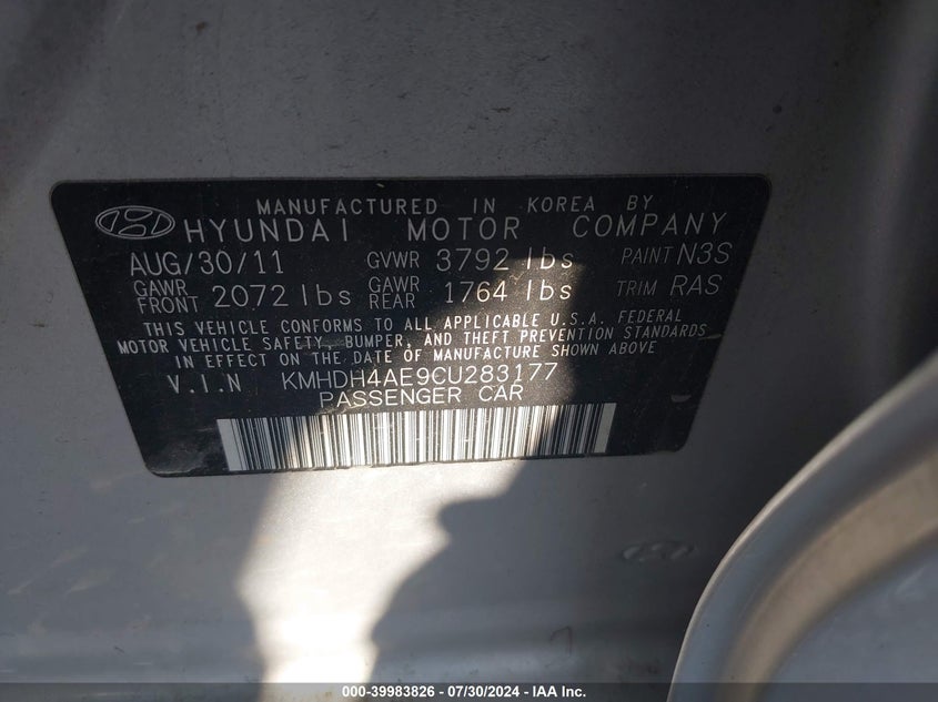 2012 Hyundai Elantra Limited (Ulsan Plant) VIN: KMHDH4AE9CU283177 Lot: 39983826