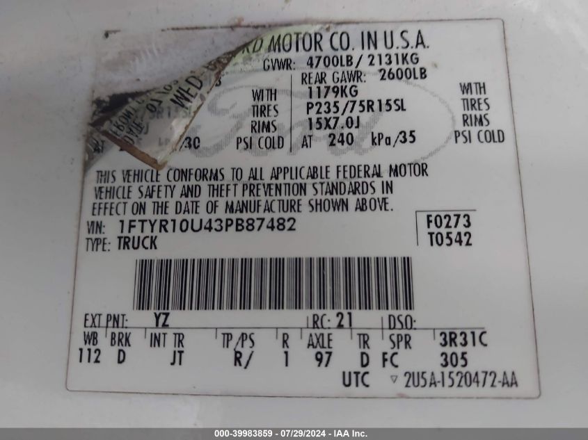 2003 Ford Ranger Edge/Xl/Xlt VIN: 1FTYR10U43PB87482 Lot: 39983859