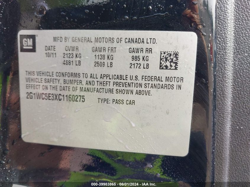 2012 Chevrolet Impala Ltz VIN: 2G1WC5E3XC1160275 Lot: 39983865