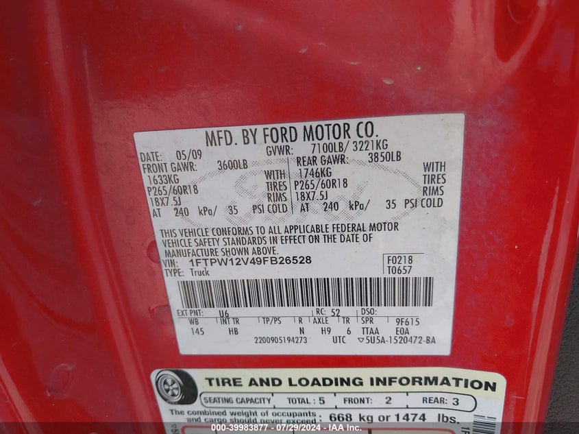 2009 Ford F-150 King Ranch/Lariat/Platinum/Xl/Xlt VIN: 1FTPW12V49FB26528 Lot: 39983877