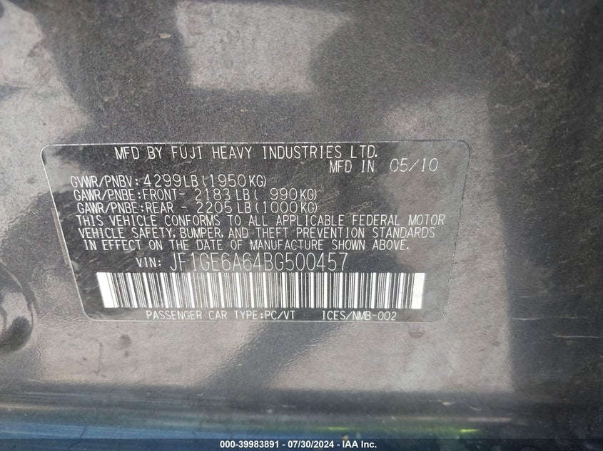 2011 Subaru Impreza 2.5I VIN: JF1GE6A64BG500457 Lot: 39983891