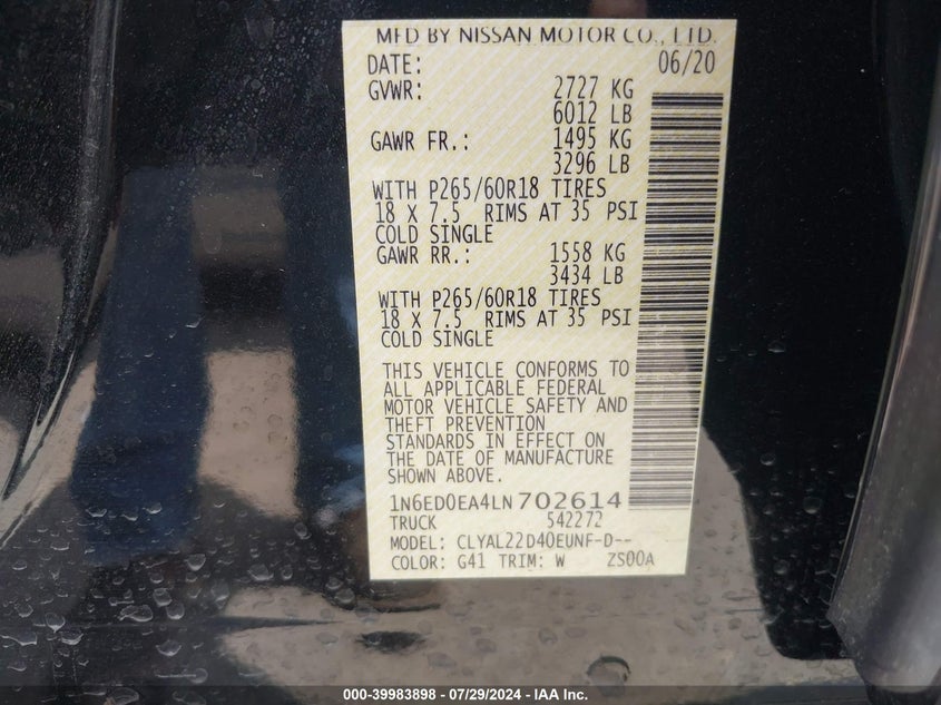 2020 NISSAN FRONTIER SV 4X2 - 1N6ED0EA4LN702614