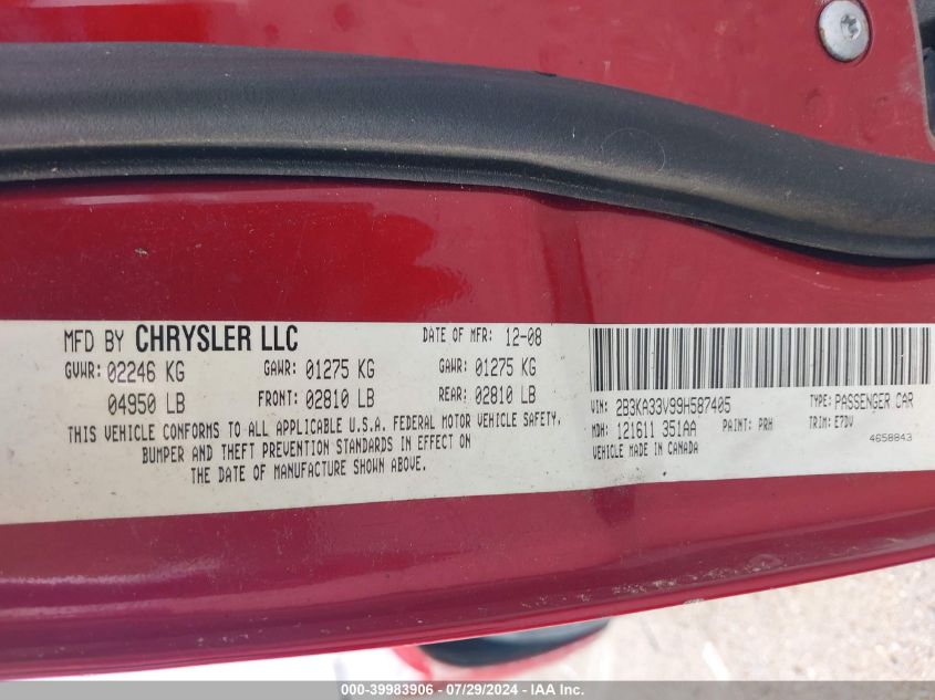 2009 Dodge Charger Sxt VIN: 2B3KA33V99H587405 Lot: 39983906