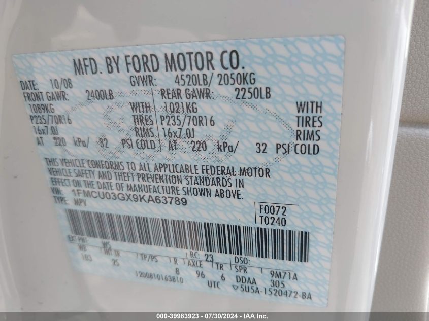 2009 Ford Escape Xlt VIN: 1FMCU03GX9KA63789 Lot: 39983923