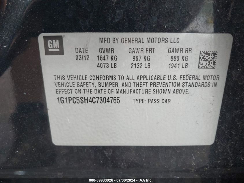 2012 Chevrolet Cruze Ls VIN: 1G1PC5SH4C7304765 Lot: 39983926