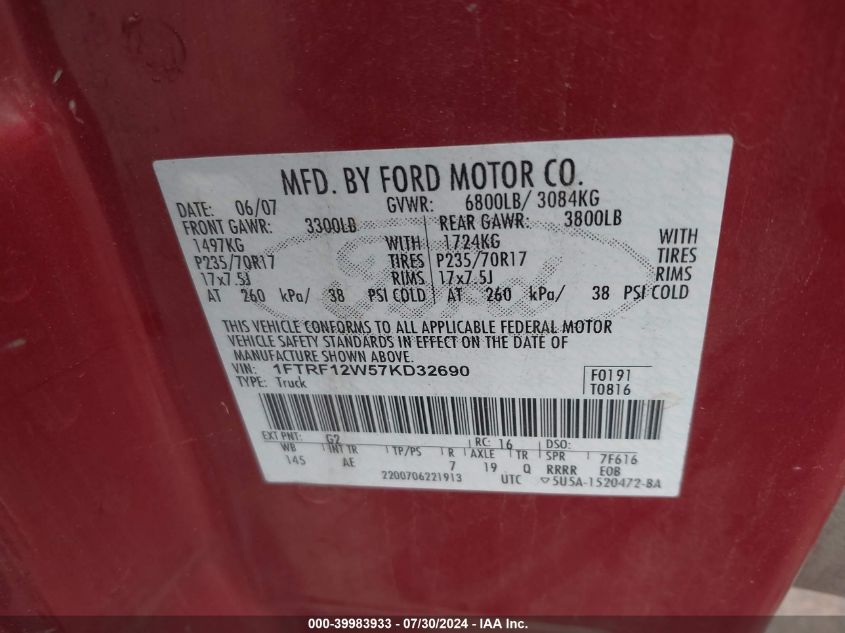2007 Ford F-150 Stx/Xl/Xlt VIN: 1FTRF12W57KD32690 Lot: 39983933