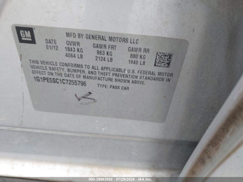 2012 Chevrolet Cruze Lt VIN: 1G1PE5SC1C7255796 Lot: 39983958