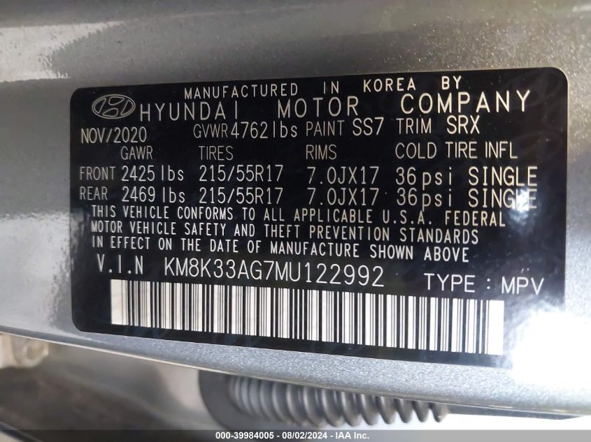 2021 Hyundai Kona Electric Limited VIN: KM8K33AG7MU122992 Lot: 39984005