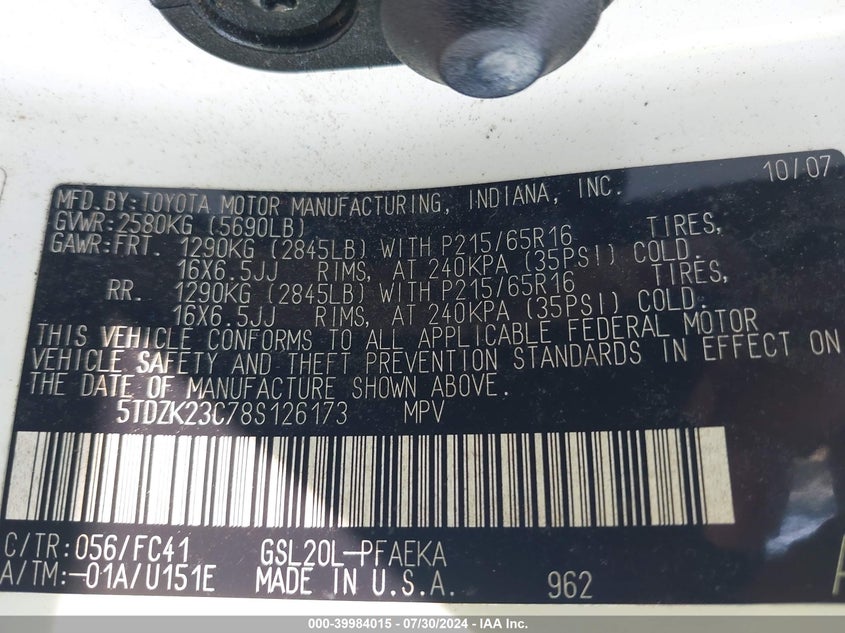 2008 Toyota Sienna Le VIN: 5TDZK23C78S126173 Lot: 39984015