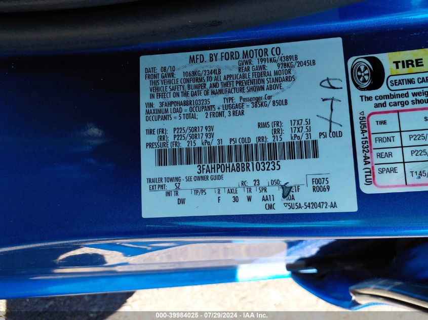 2011 Ford Fusion Se VIN: 3FAHP0HA8BR103235 Lot: 39984025