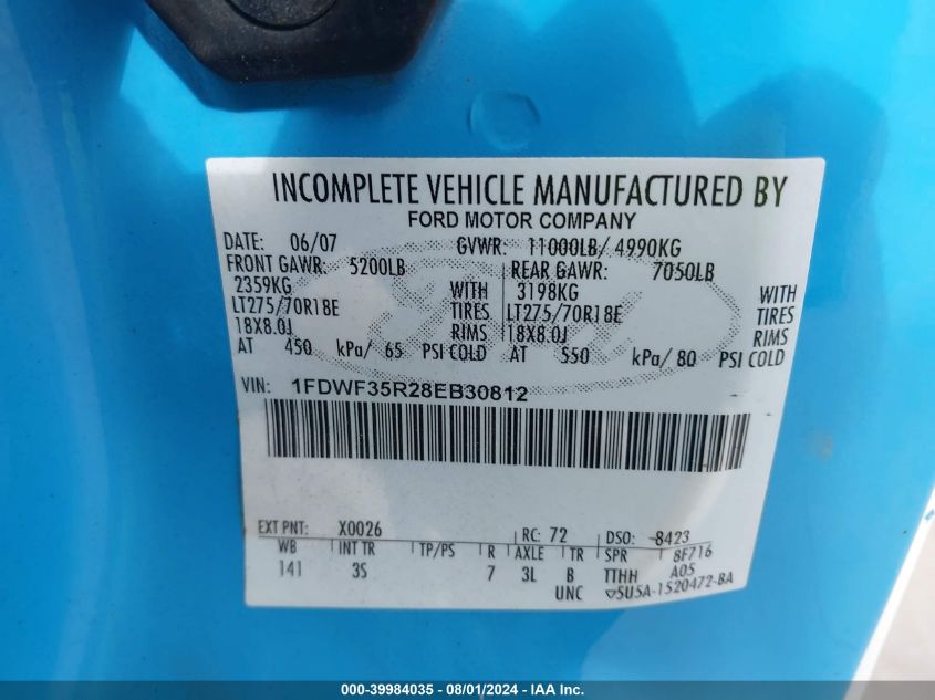 2008 Ford F-350 Chassis Xl/Xlt VIN: 1FDWF35R28EB30812 Lot: 39984035