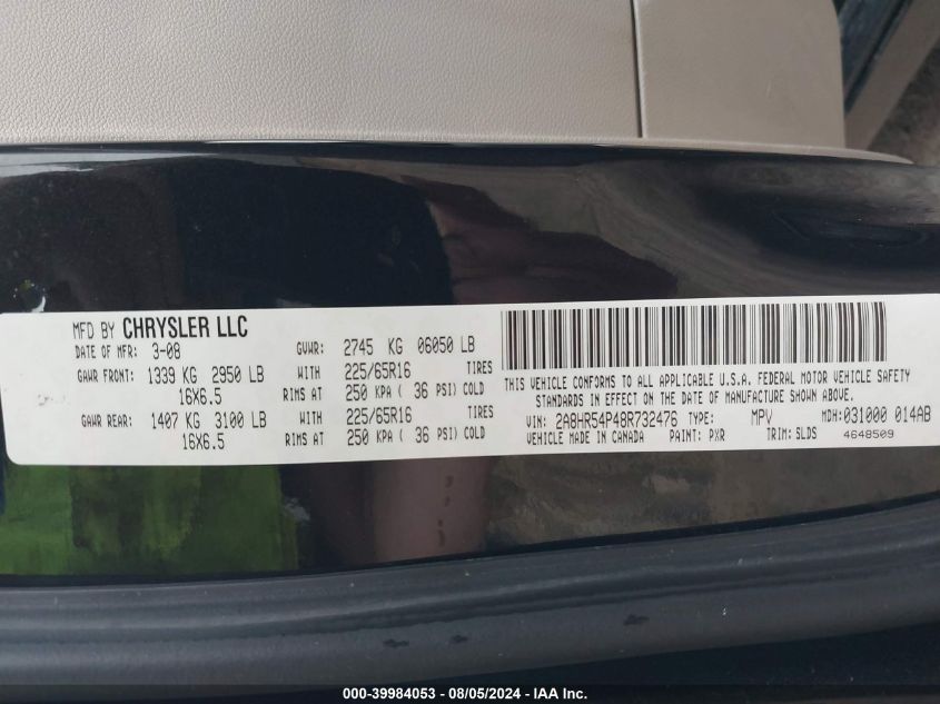 2008 Chrysler Town & Country Touring VIN: 2A8HR54P48R732476 Lot: 39984053