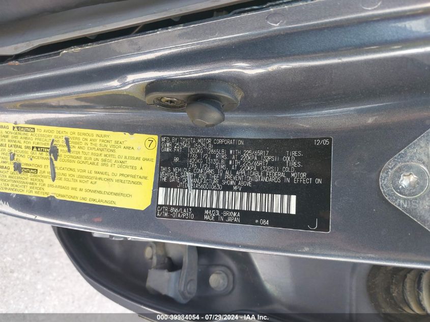 2006 Toyota Highlander Hybrid Limited V6 VIN: JTEDW21A560010630 Lot: 39984054