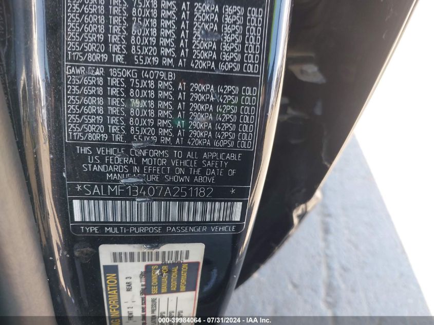 2007 Land Rover Range Rover Supercharged VIN: SALMF13407A251182 Lot: 39984064