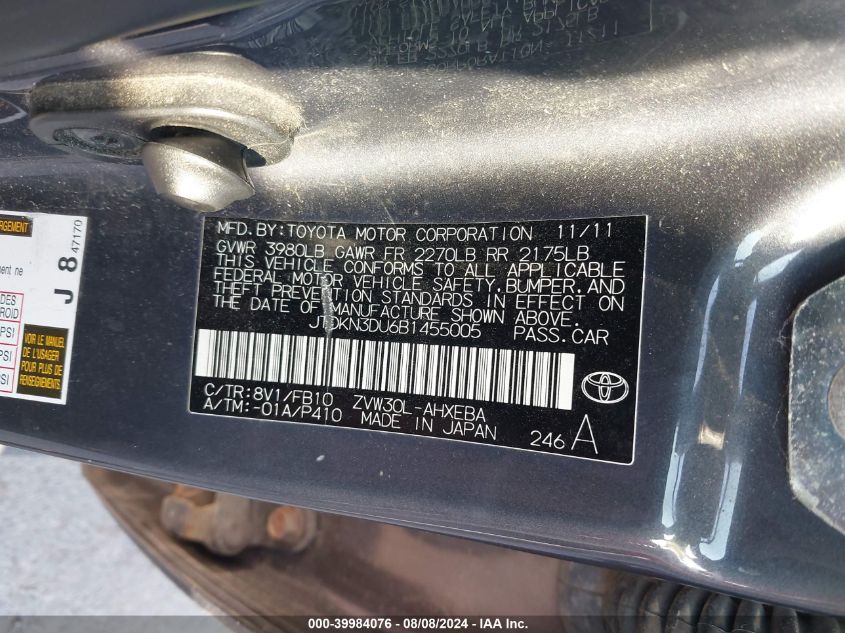 2011 Toyota Prius Two VIN: JTDKN3DU6B1455005 Lot: 39984076