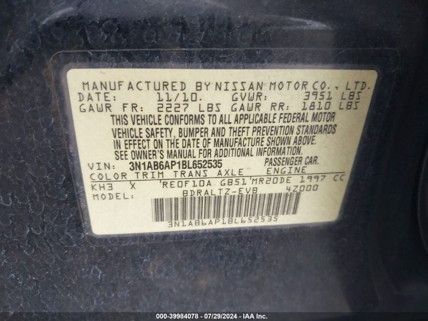 2011 Nissan Sentra 2.0/2.0S/Sr/2.0Sl VIN: 3N1AB6AP1BL652535 Lot: 39984078