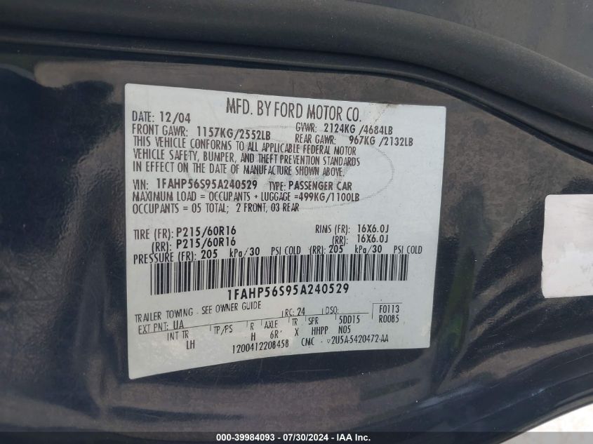 2005 Ford Taurus Sel VIN: 1FAHP56S95A240529 Lot: 39984093