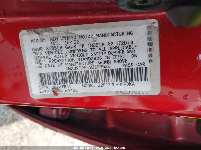 2003 Toyota Corolla Ce VIN: 1NXBR32E43Z103939 Lot: 39984095