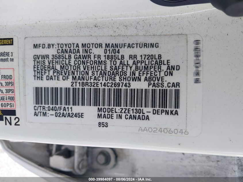 2004 Toyota Corolla Le VIN: 2T1BR32E14C269743 Lot: 39984097