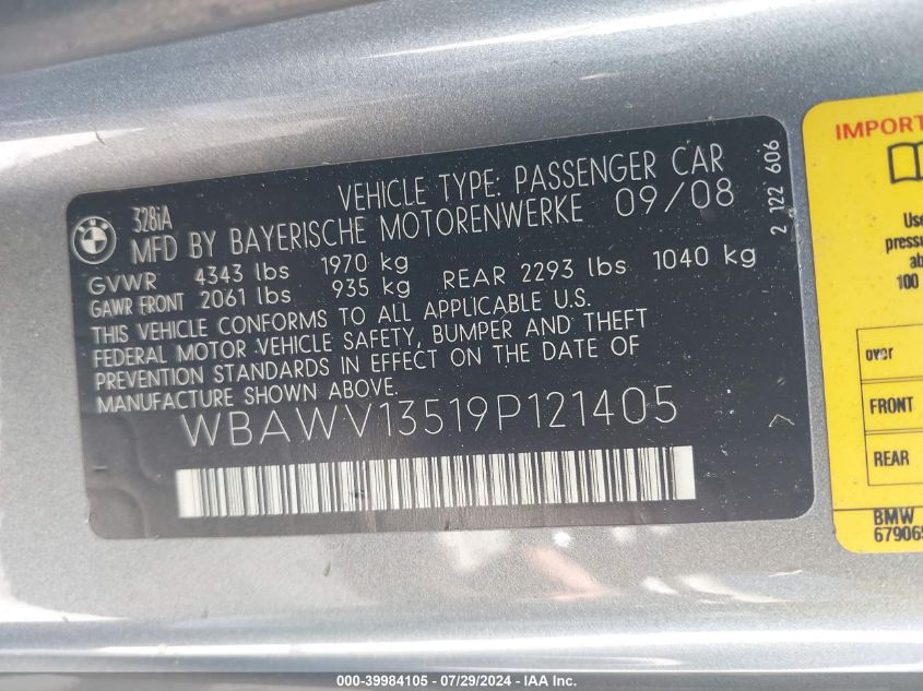 2009 BMW 328I VIN: WBAWV13519P121405 Lot: 39984105
