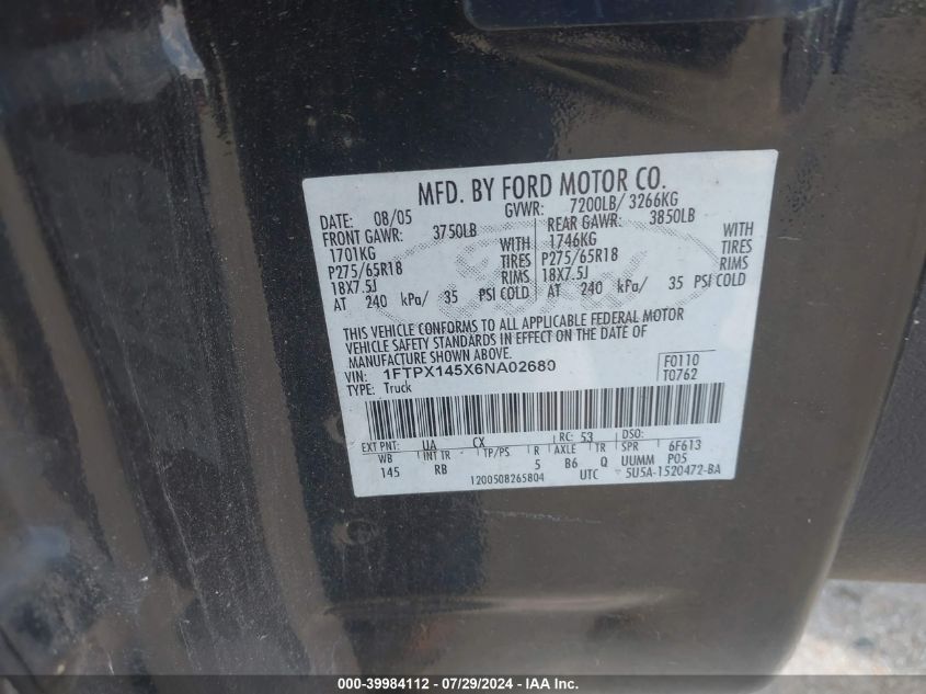 2006 Ford F-150 Fx4/Lariat/Xl/Xlt VIN: 1FTPX145X6NA02680 Lot: 39984112