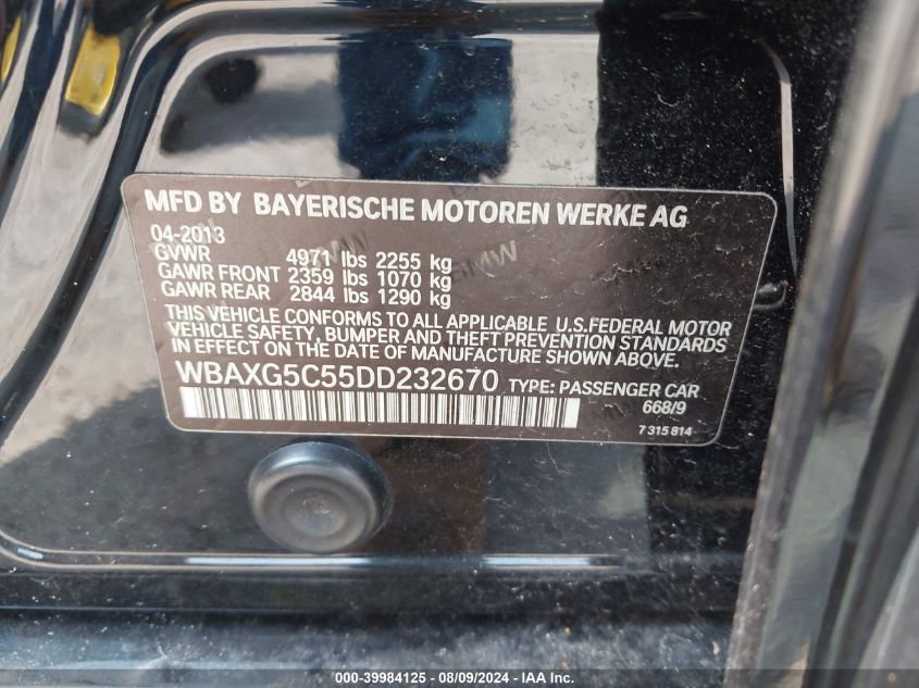 2013 BMW 528I VIN: WBAXG5C55DD232670 Lot: 39984125