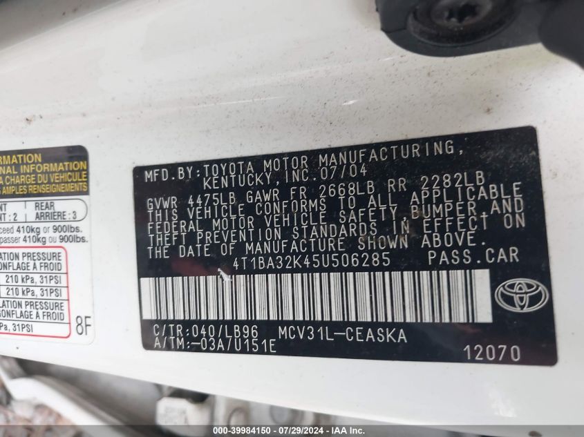 2005 Toyota Camry Se V6 VIN: 4T1BA32K45U506285 Lot: 39984150