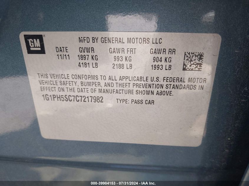 2012 Chevrolet Cruze Ltz VIN: 1G1PH5SC7C7217982 Lot: 39984153