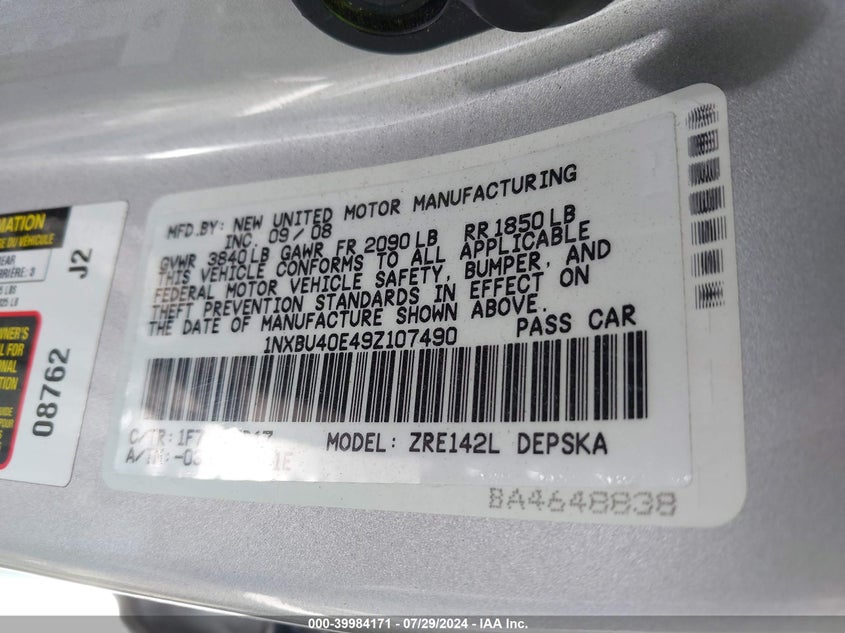 2009 Toyota Corolla S VIN: 1NXBU40E49Z107490 Lot: 39984171