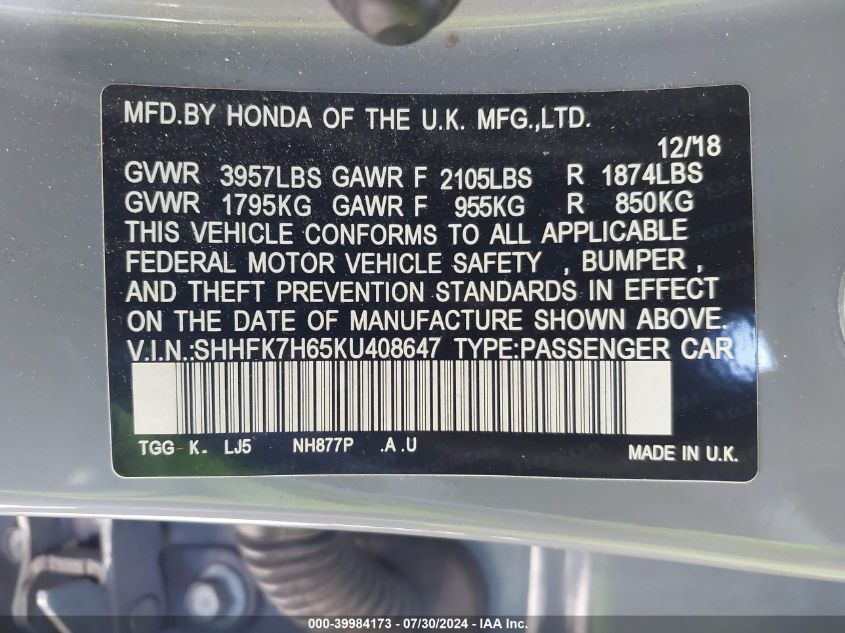 2019 Honda Civic Ex VIN: SHHFK7H65KU408647 Lot: 39984173