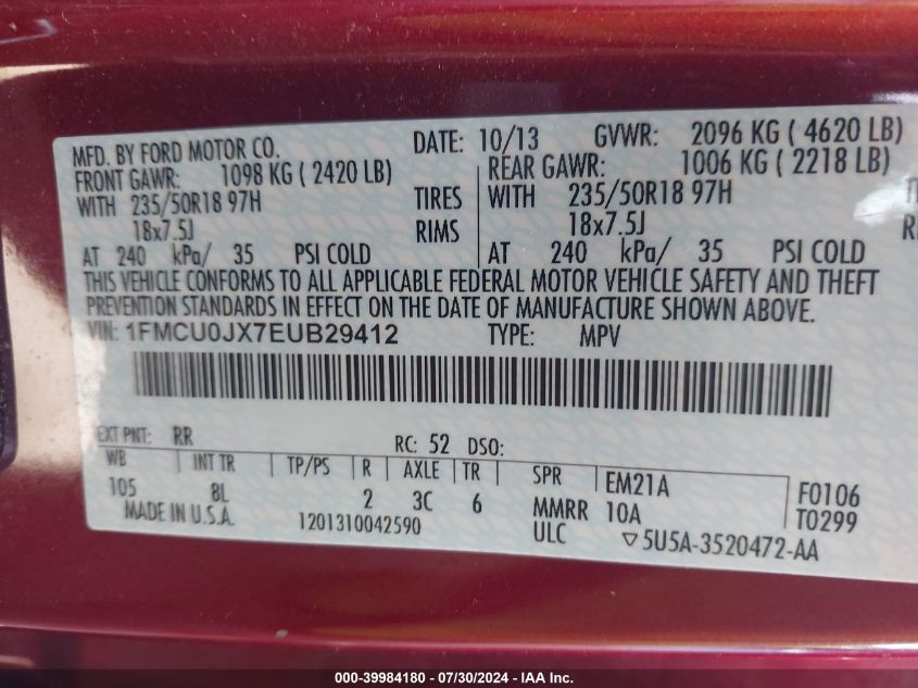 2014 Ford Escape Titanium VIN: 1FMCU0JX7EUB29412 Lot: 39984180