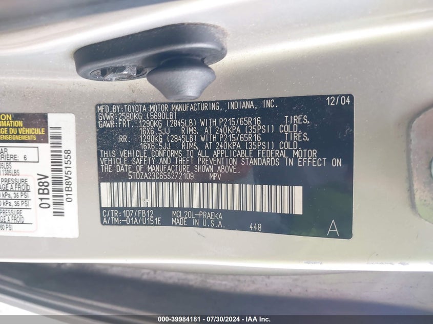 2005 Toyota Sienna Le VIN: 5TDZA23C65S272109 Lot: 39984181