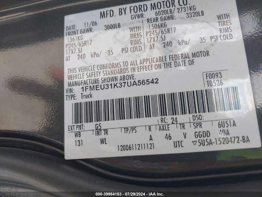 2007 Ford Explorer Sport Trac Xlt VIN: 1FMEU31K37UA56542 Lot: 39984183