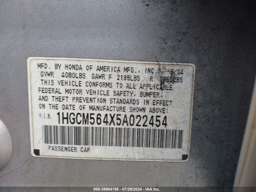 2005 Honda Accord 2.4 Lx VIN: 1HGCM564X5A022454 Lot: 39984195