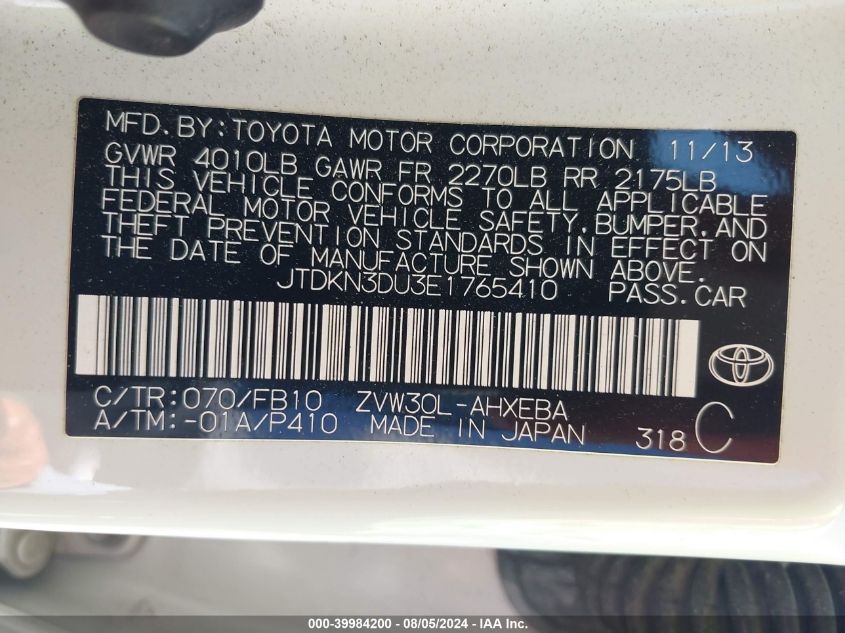 JTDKN3DU3E1765410 2014 Toyota Prius Three