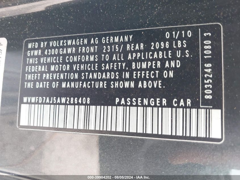 2010 Volkswagen Gti VIN: WVWFD7AJ5AW286408 Lot: 39984202