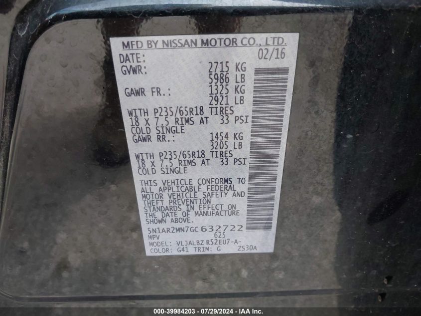 2016 Nissan Pathfinder Platinum/S/Sl/Sv VIN: 5N1AR2MN7GC632722 Lot: 39984203
