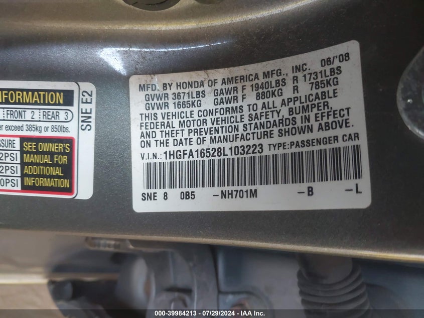 2008 Honda Civic Lx VIN: 1HGFA16528L103223 Lot: 39984213