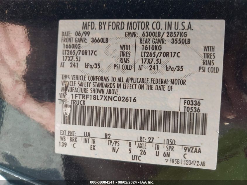 1999 Ford F-150 Lariat/Work Series/Xl/Xlt VIN: 1FTRF18L7XNC02616 Lot: 39984241