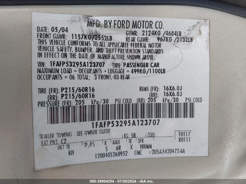 1FAFP53295A123707 2005 Ford Taurus Se