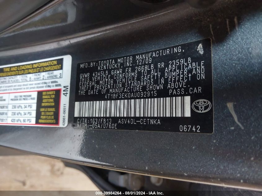 2010 Toyota Camry Le VIN: 4T1BF3EK0AU092915 Lot: 39984264