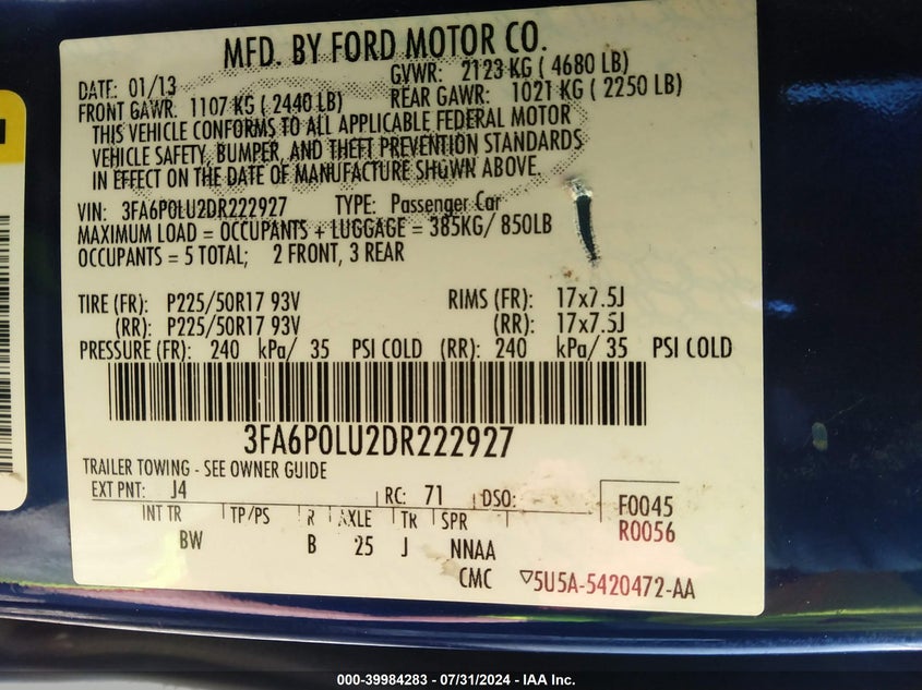 2013 Ford Fusion Hybrid Se VIN: 3FA6P0LU2DR222927 Lot: 39984283