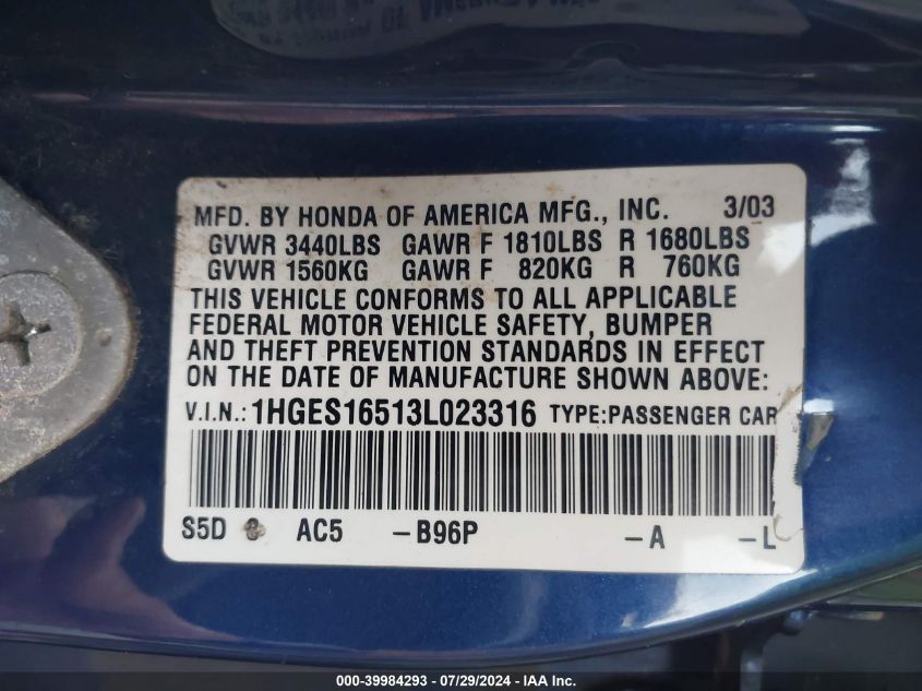 2003 Honda Civic Lx VIN: 1HGES16513L023316 Lot: 39984293
