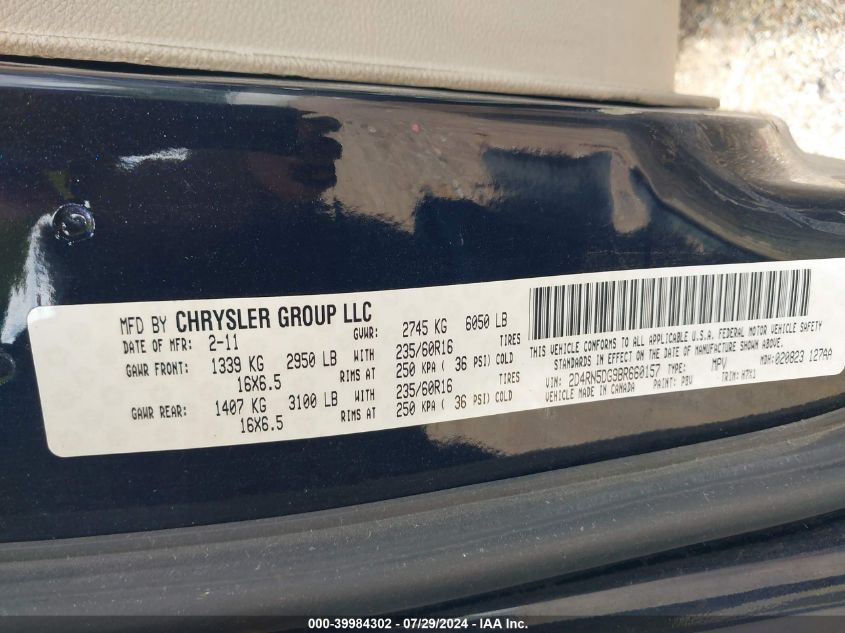 2011 Dodge Grand Caravan Crew VIN: 2D4RN5DG9BR660157 Lot: 39984302