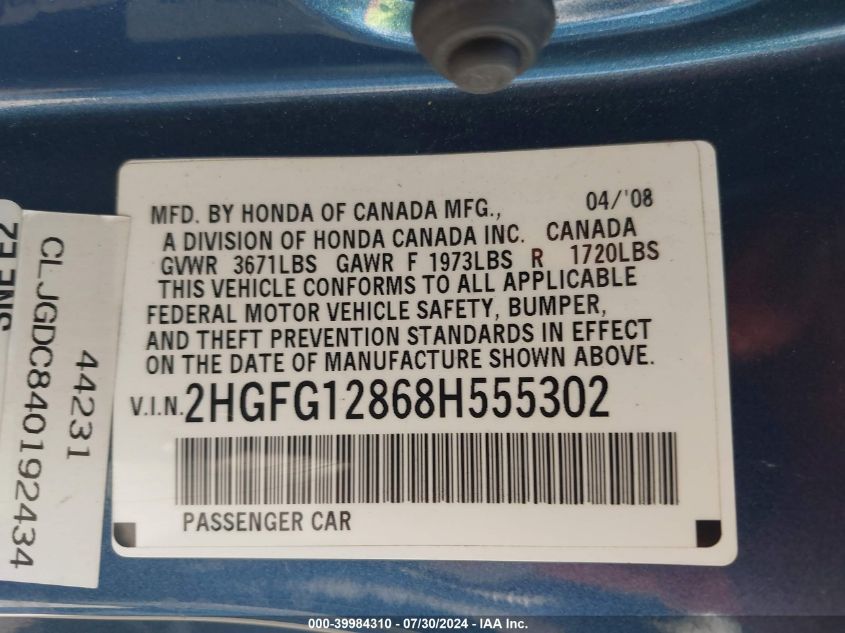 2008 Honda Civic Ex VIN: 2HGFG12868H555302 Lot: 39984310