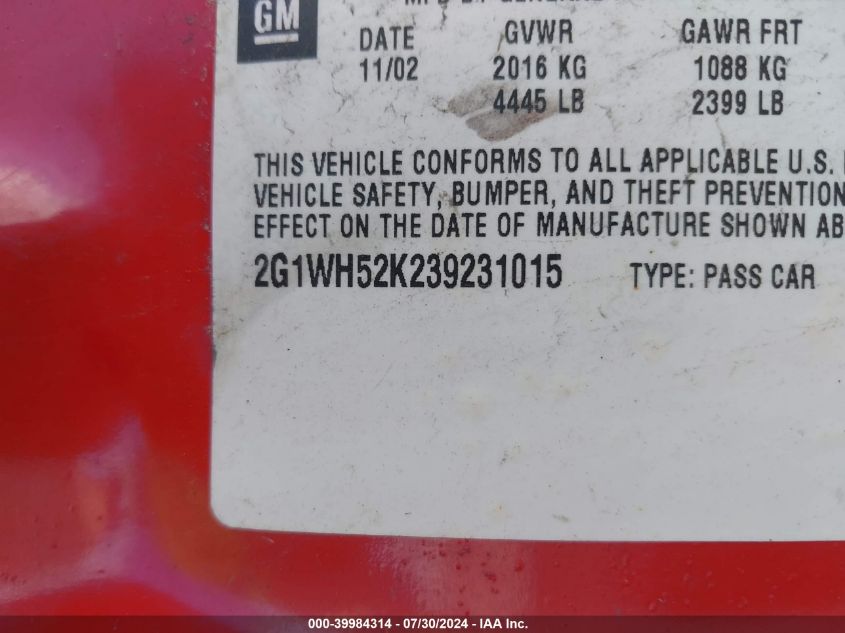 2003 Chevrolet Impala Ls VIN: 2G1WH52K239231015 Lot: 39984314