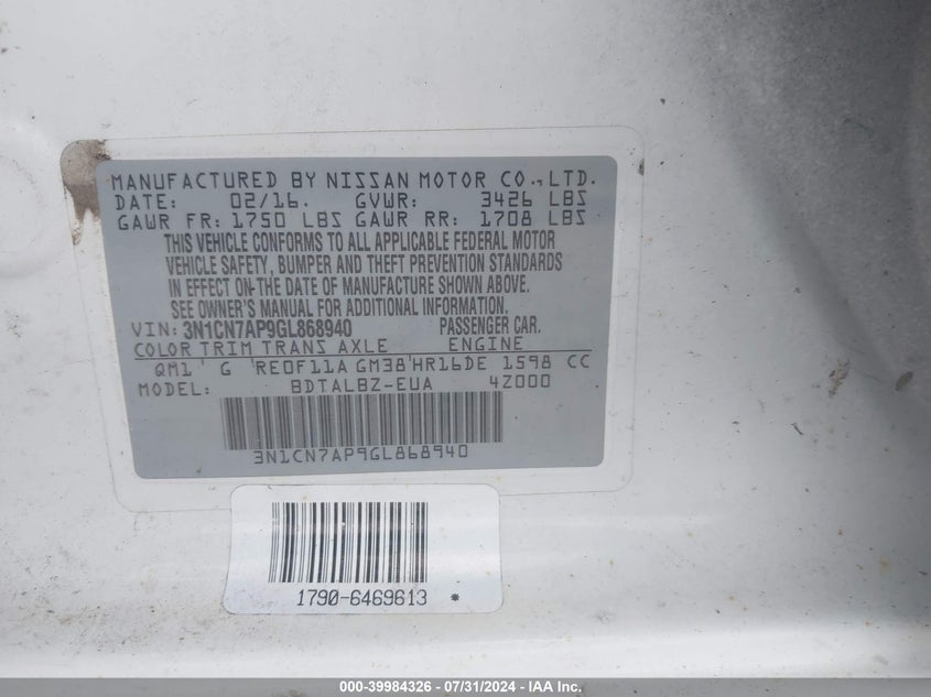 2016 Nissan Versa 1.6 S/1.6 S+/1.6 Sl/1.6 Sv VIN: 3N1CN7AP9GL868940 Lot: 39984326