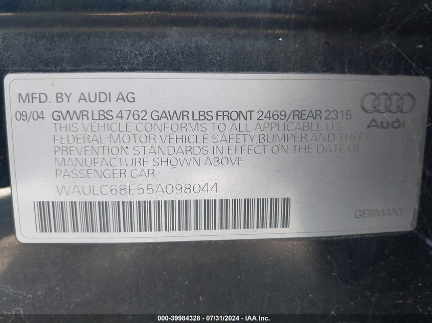 2005 Audi A4 1.8T Special Edition VIN: WAULC68E55A098044 Lot: 39984328