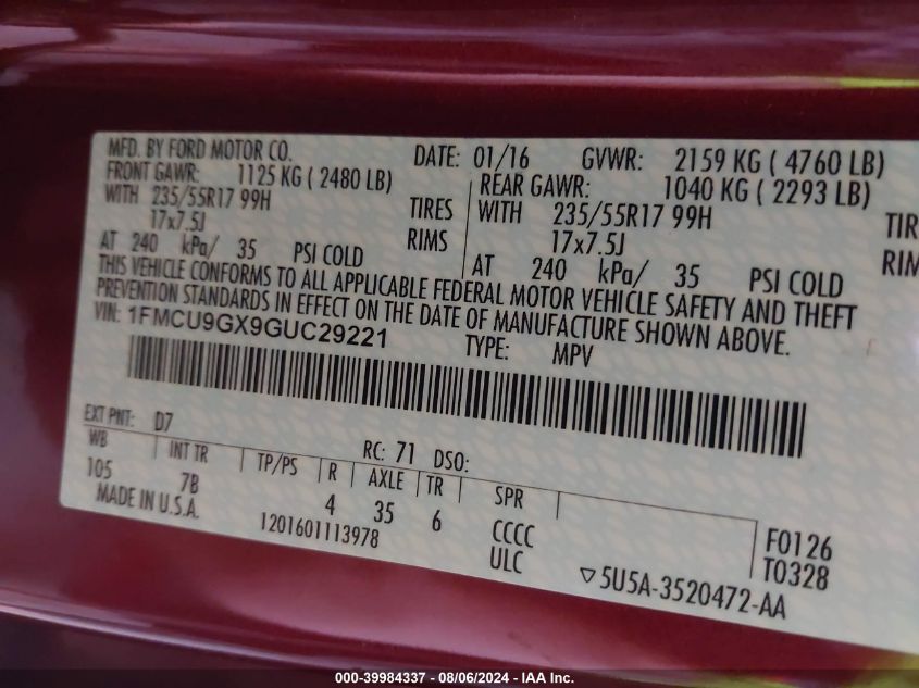 2016 Ford Escape Se VIN: 1FMCU9GX9GUC29221 Lot: 39984337