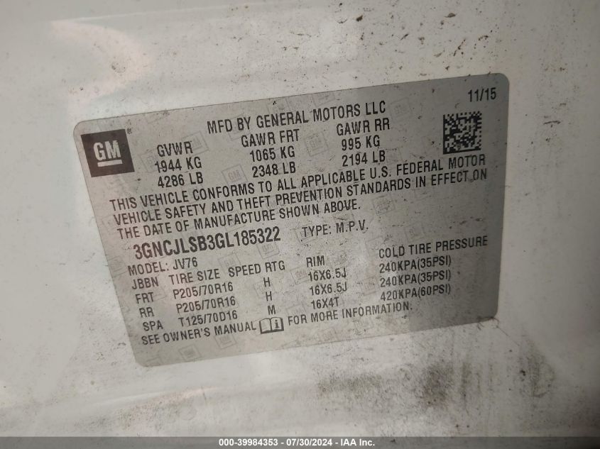 2016 Chevrolet Trax Lt VIN: 3GNCJLSB3GL185322 Lot: 39984353